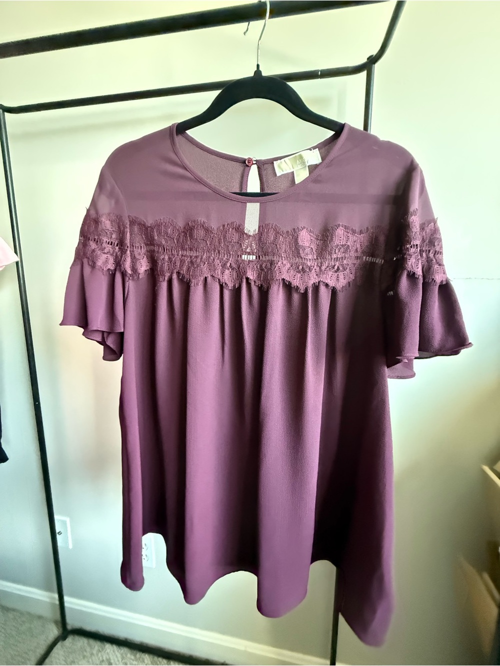Women’s Lace Yoke Flutter Sleeve Top - Plum
